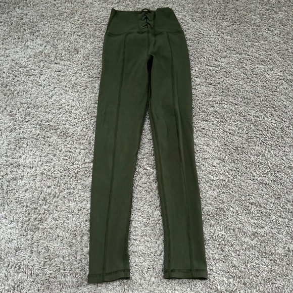 Aerie Offline Ribbed Leggings High Waisted‎ Lace Up Olive Green Athleisure S - Picture 1 of 8